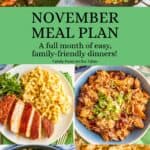 A collage of six different family dinner ideas with a green text box in the middle.