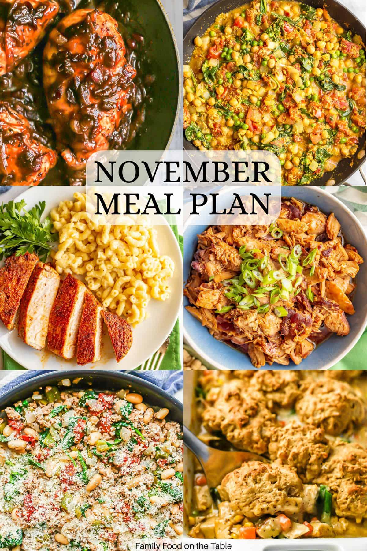 A collage of six different family dinner ideas with a text overlay in the middle.