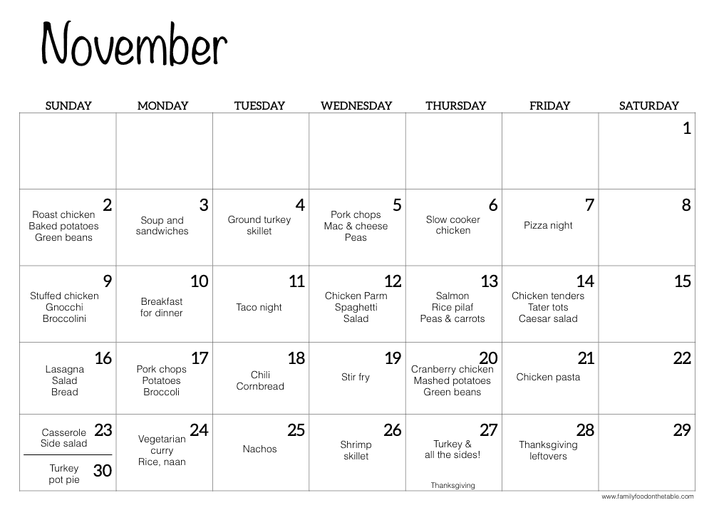 A November calendar with family dinner ideas written in for each night of the week, with Saturdays blank.
