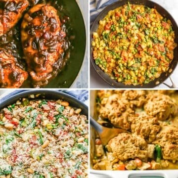 A collage of four different family dinner images, including a cranberry balsamic chicken, quick vegetarian curry, turkey pot pie and a ground turkey white bean skillet.