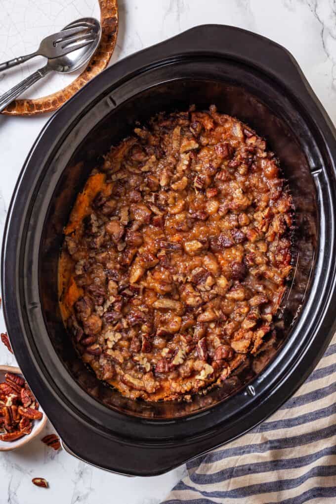 A slow cooker sweet potato casserole with a nutty streusel topping.