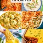 A collage of 10 healthy comfort food favorite dishes with a text overlay in the middle.