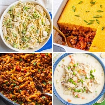 Four lightened up comfort food classics in a square grid.