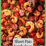 Close up of a spoon lifting a scoop of jambalaya from a sheet pan with a text overlay and a green border around the photo.