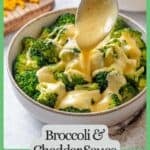 A spoon drizzling a cheese sauce over a bowl of steamed broccoli with a green border and text around the photo.