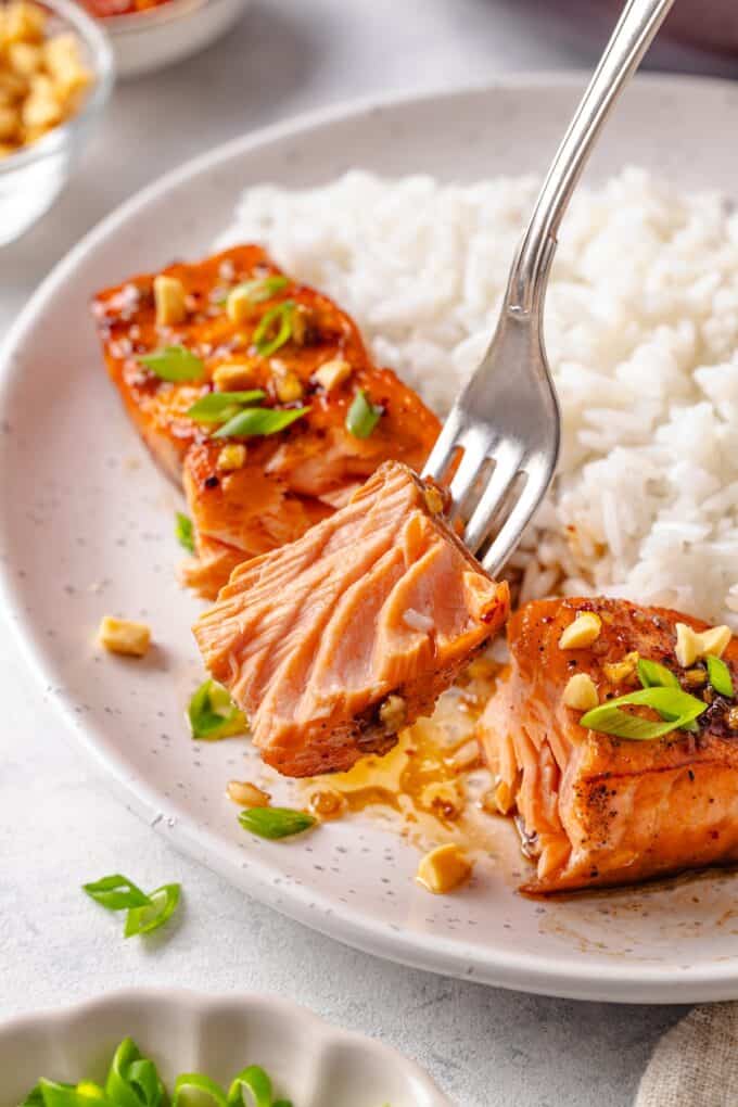 A fork holding up a bite of salmon from a plate.