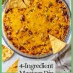 Chips resting on the sides of a glass pie plate with a cheesy baked Mexican dip with canned chili with a green border and text around the photo.