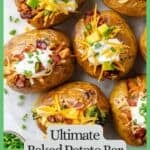 Overhead view of a platter of a baked potato bar with different fillings in each potato and toppings on top and a green border and text around the photo.