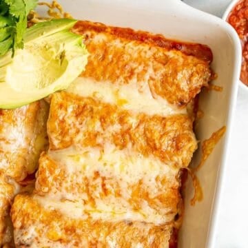 Close up of cheesy chicken enchiladas in a white baking dish with avocado slices on top.