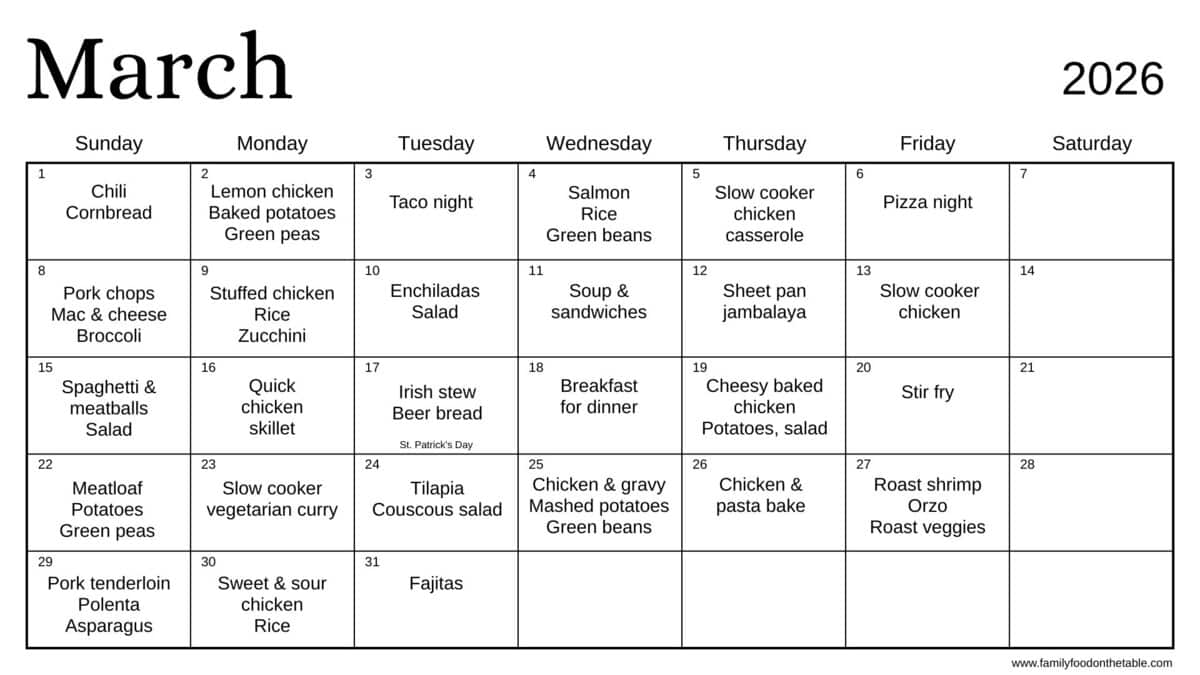 A March 2026 calendar with different dinner ideas for each day of the month, with Saturdays blank.