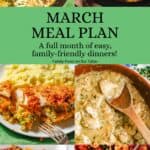 A collage of six different family dinner ideas for the month of March with a green text box in the middle.
