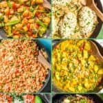 A collage of 10 different chicken skillet recipes ready in under 30 minutes with a green text box at the top.