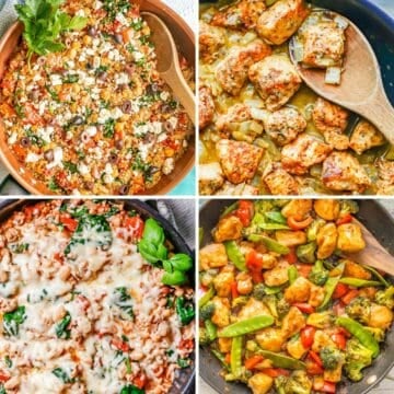A collage of four different chicken skillet recipes ready in under 30 minutes, including a Mediterranean chicken skillet, honey mustard chicken, sweet and sour chicken and cheesy ground chicken skillet.