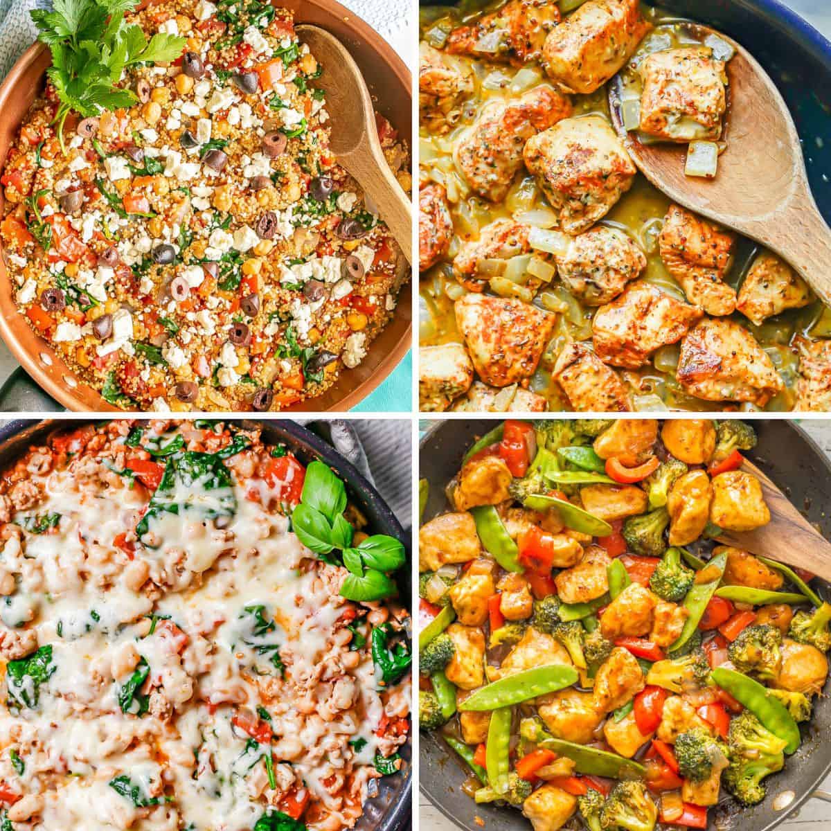 A collage of four different chicken skillet recipes ready in under 30 minutes, including a Mediterranean chicken skillet, honey mustard chicken, sweet and sour chicken and cheesy ground chicken skillet.