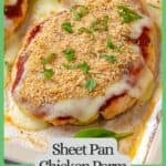 Close up of sheet pan chicken Parm on a foil lined baking sheet with fresh basil sprinkled on top with a green border and text around the photo.