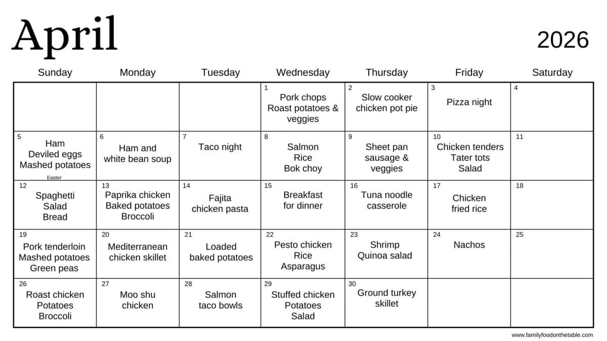 An April 2026 calendar with different dinner ideas for each day of the month, with Saturdays blank.
