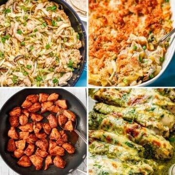 A collage of four different family dinner ideas.