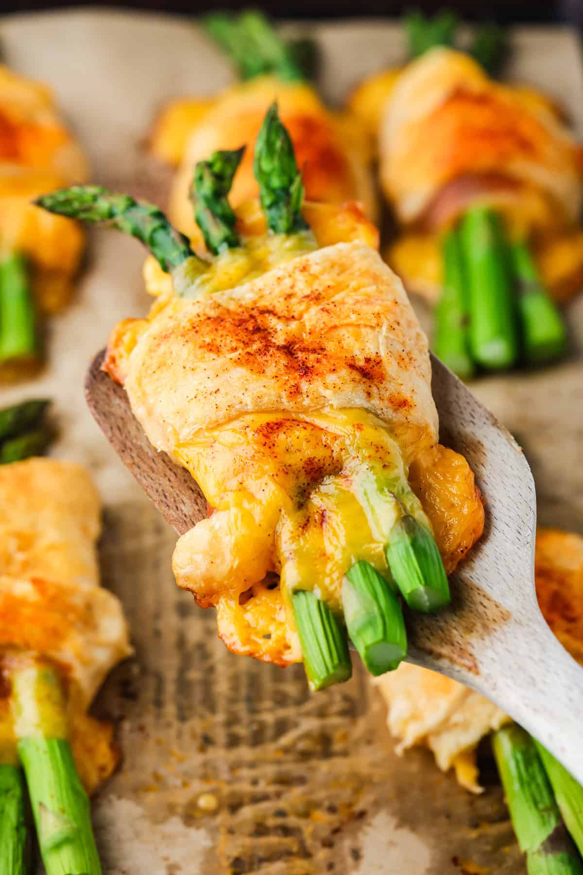 A spatula holding up an asparagus roll from a sheet pan.