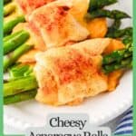 A serving plate with four asparagus rolls lined up with a green border and text around the photo.