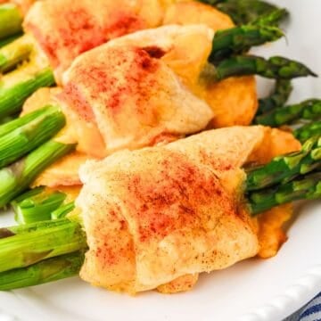 Close up of a white serving plate with four asparagus rolls lined up.