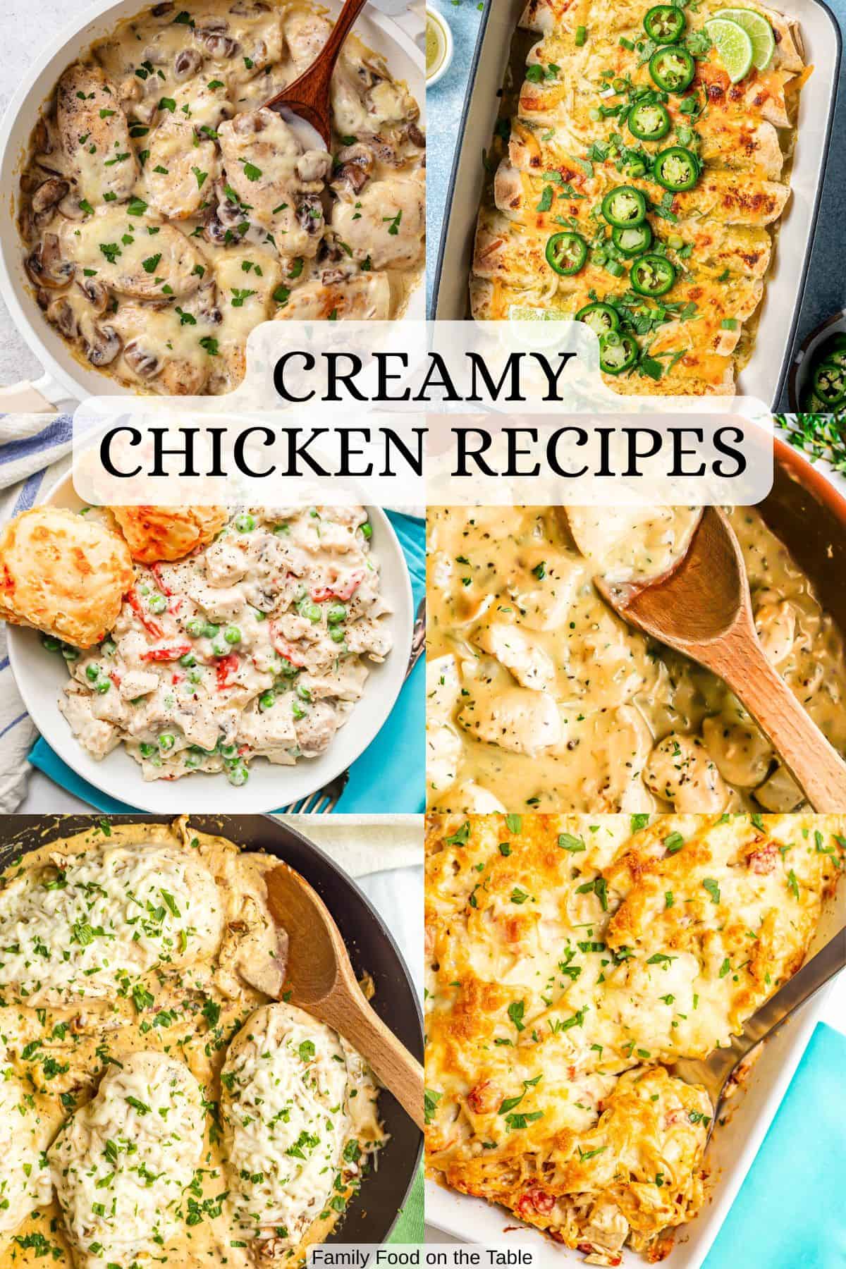 A collage of six creamy chicken recipes with a text overlay on the images.