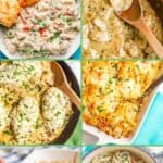 A collage of 10 different creamy chicken recipes with a green text box at the top.