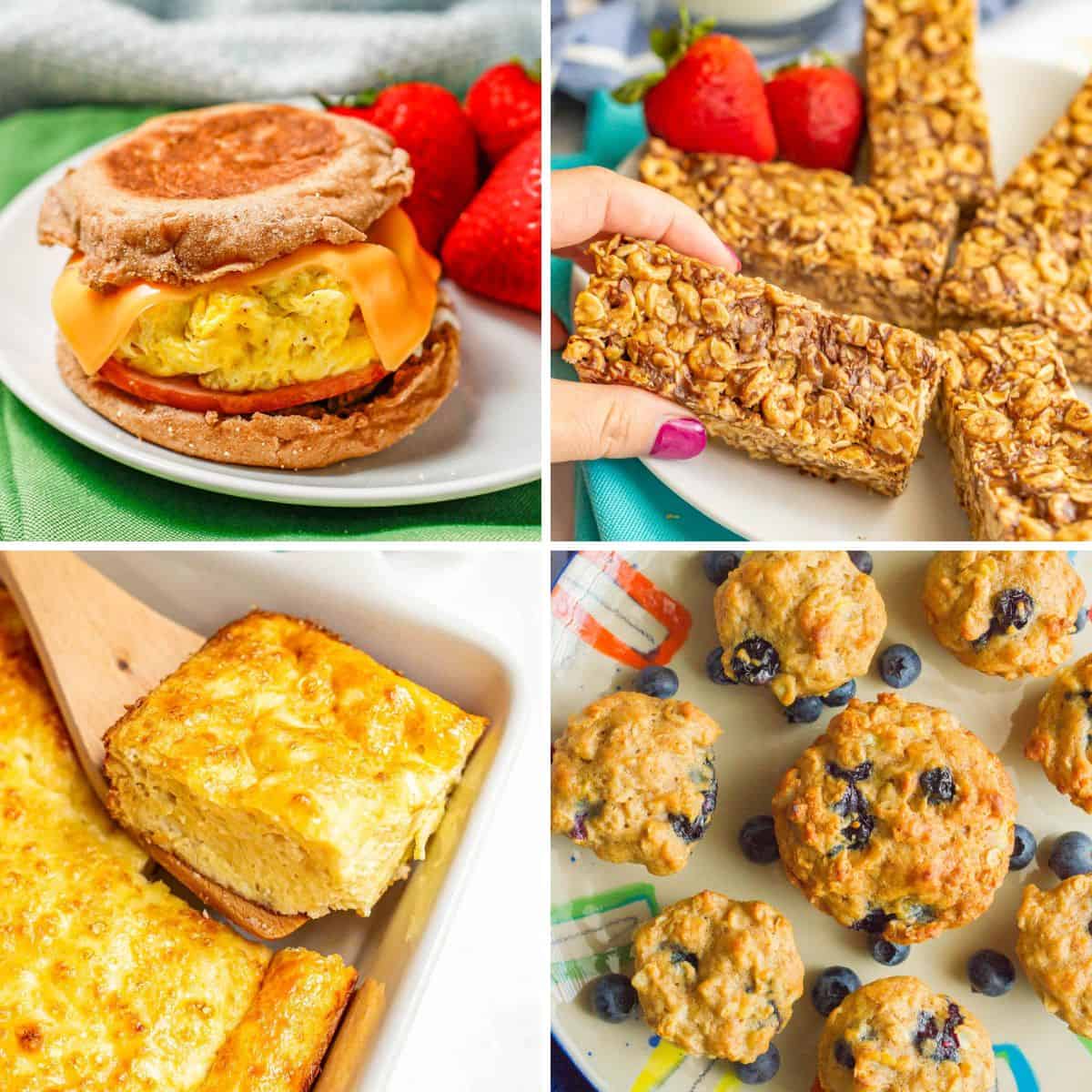 A collage of four different easy, healthy breakfasts ideas that are good for taking on the go on busy days.