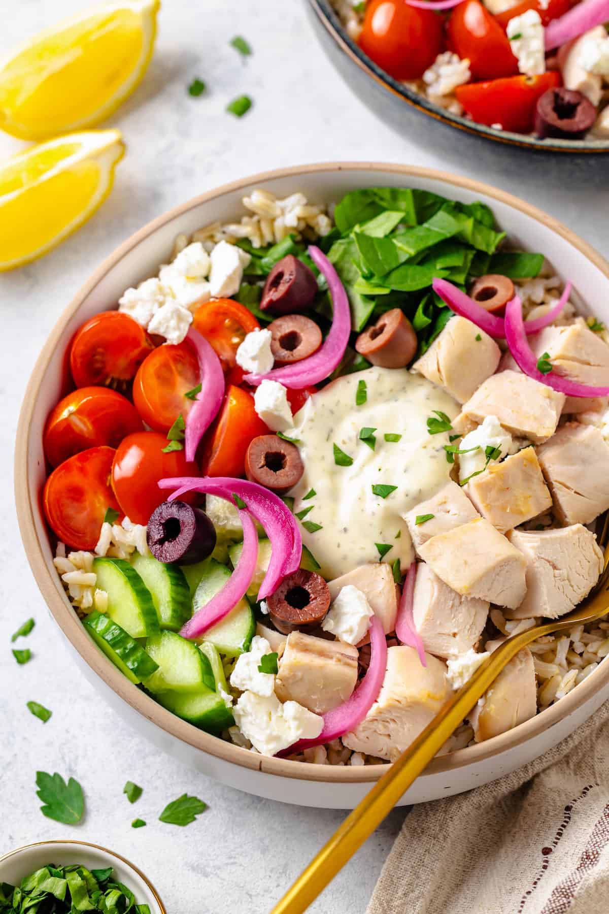 A fork resting in a bowl of brown rice topped with separate piles of rotisserie chicken, tomatoes, veggies and a dollop of tzatziki sauce.