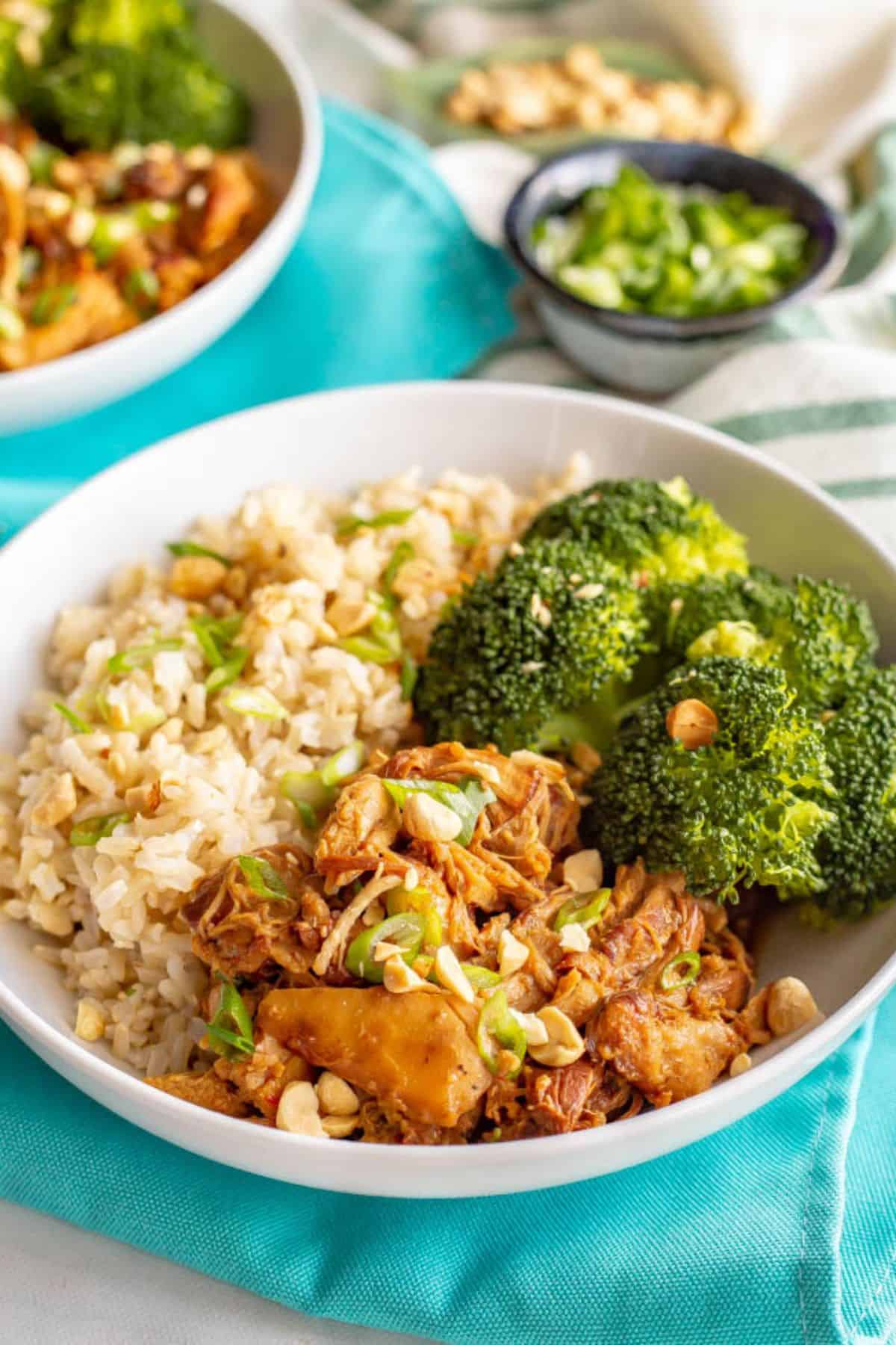 A low white bowl with separated piles of steamed brown rice, honey garlic chicken and broccoli with green onions and peanuts sprinkled on top.