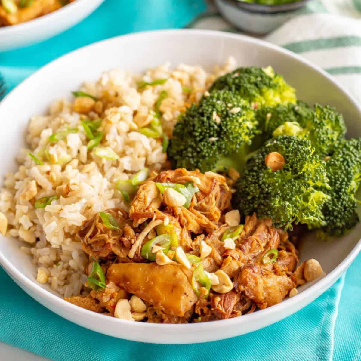 Close up of a low white bowl with separated piles of steamed brown rice, honey garlic chicken and broccoli with green onions and peanuts sprinkled on top.