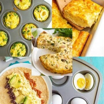 A collage of five different egg-based breakfasts that can be made in advance.