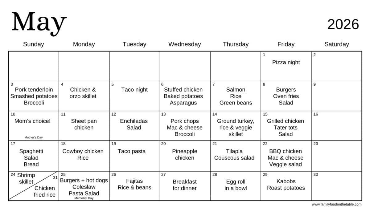 A May 2026 calendar with dinner ideas written in for every day of the week, with Saturdays blank.