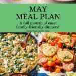 A collage of six different family dinner ideas for the month of May with a green text box in the middle.