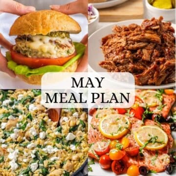 A collage of four different family dinner ideas for the month of May with a text overlay in the middle.