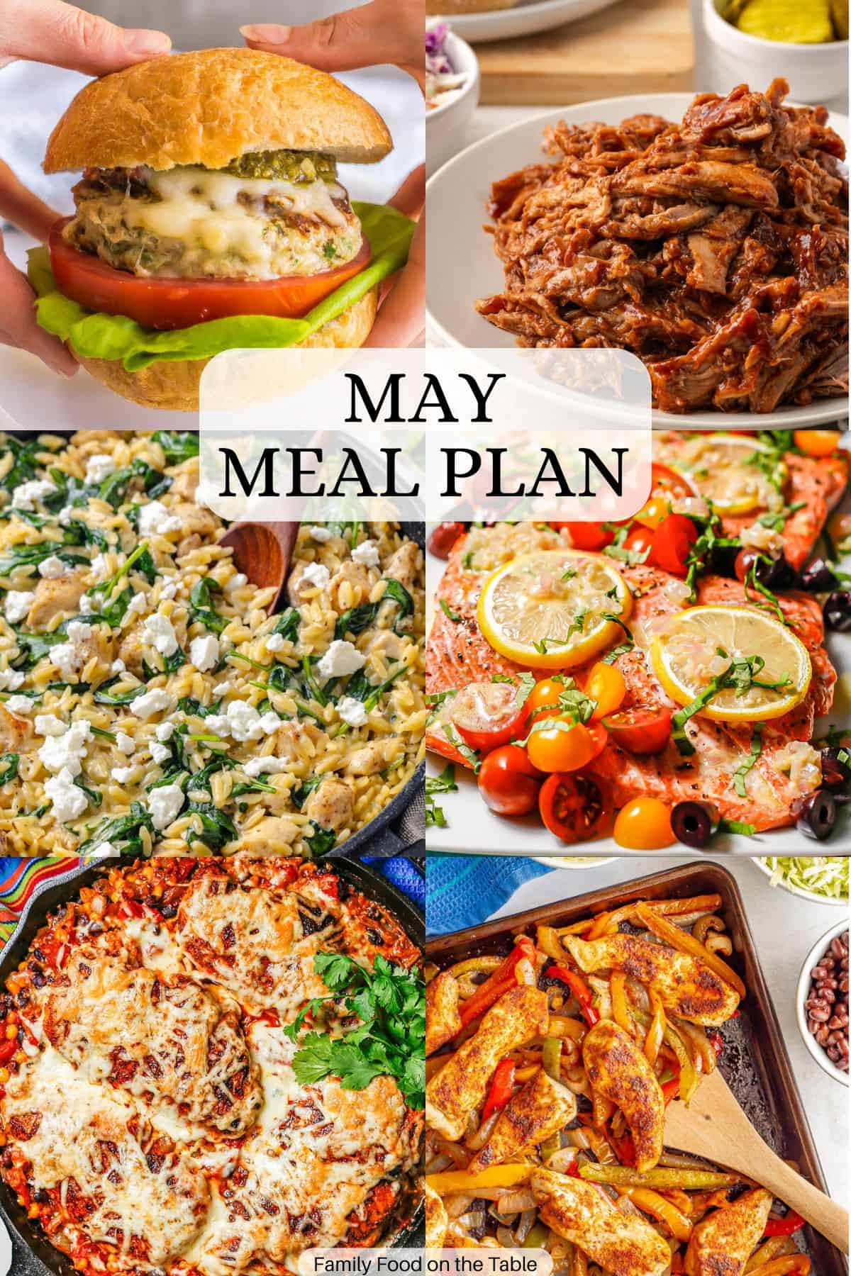A collage of six different family dinner ideas for the month of May with a text overlay in the middle.