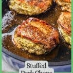 Close up of a balsamic vinegar brushed pork chop stuffed with pesto and feta cheese in a blue skillet with a green border and text around the photo.