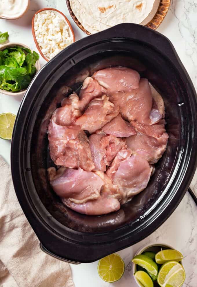 Seasoned chicken thighs in the bottom of a crock pot insert.