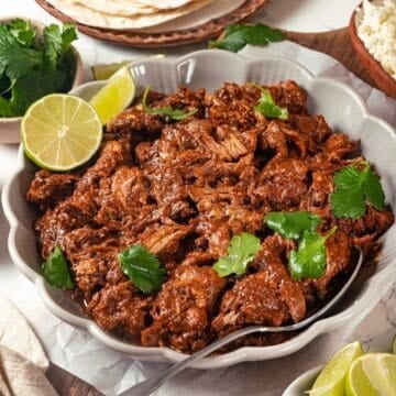Close up of saucy mole chicken in a low serving bowl with cilantro and lime on top and a serving spoon to the side.