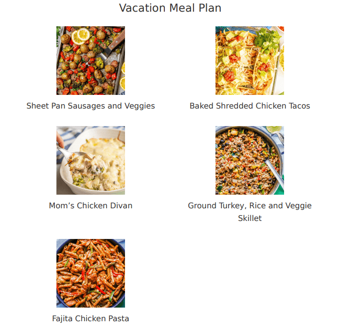 A vacation meal plan with photos and titles of five different easy recipes to make for dinner.