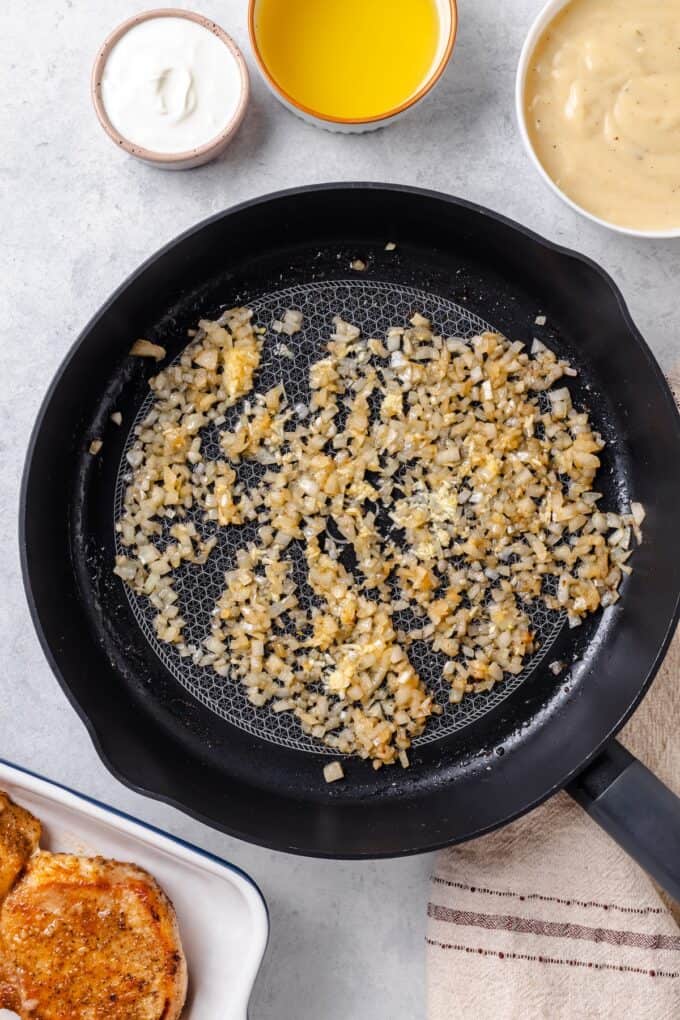Sautéed onion and garlic in a large dark skillet.