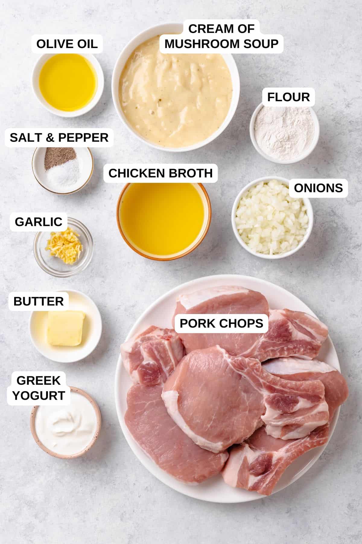 Ingredients laid out in separate bowls for making a pork chop recipe with onions and a gravy mixture.
