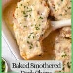 A baked pork chop with gravy being lifted out of a baking dish with a green border and text around the photo.