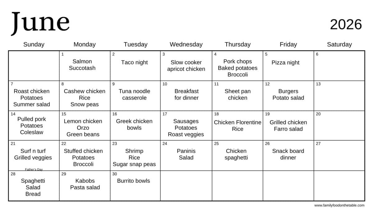 A June 2026 calendar with dinner ideas written in for every day of the week, with Saturdays blank.
