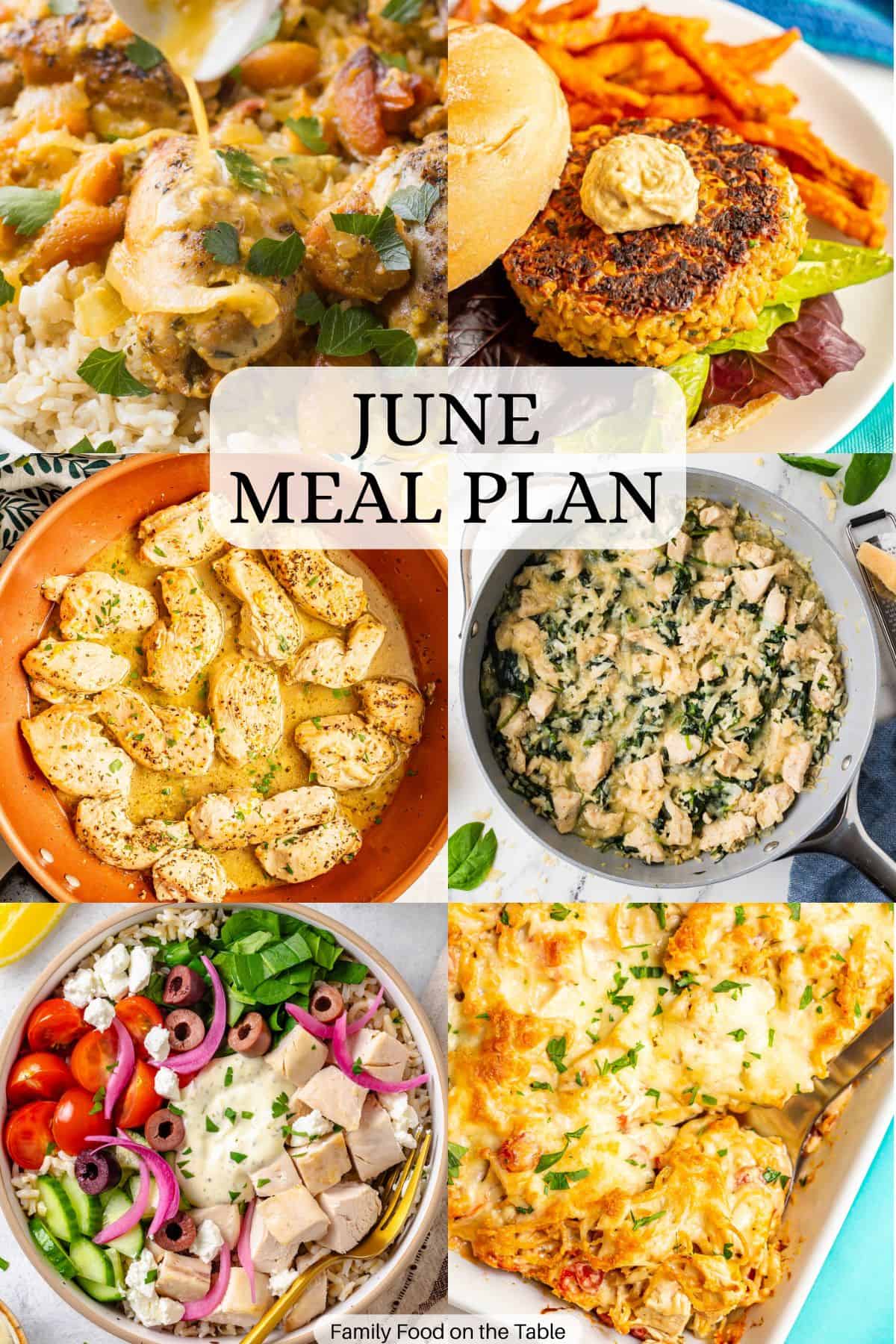A collage of six different family dinner ideas for the month of May with a text overlay in the middle.