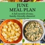 A collage of six different family dinner ideas for the month of May with a green text box in the middle.