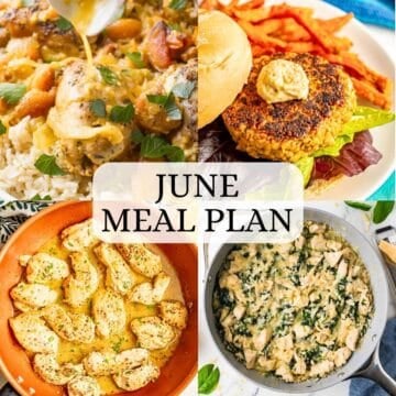 A square collage of four different family dinner ideas with a text overlay in the middle.