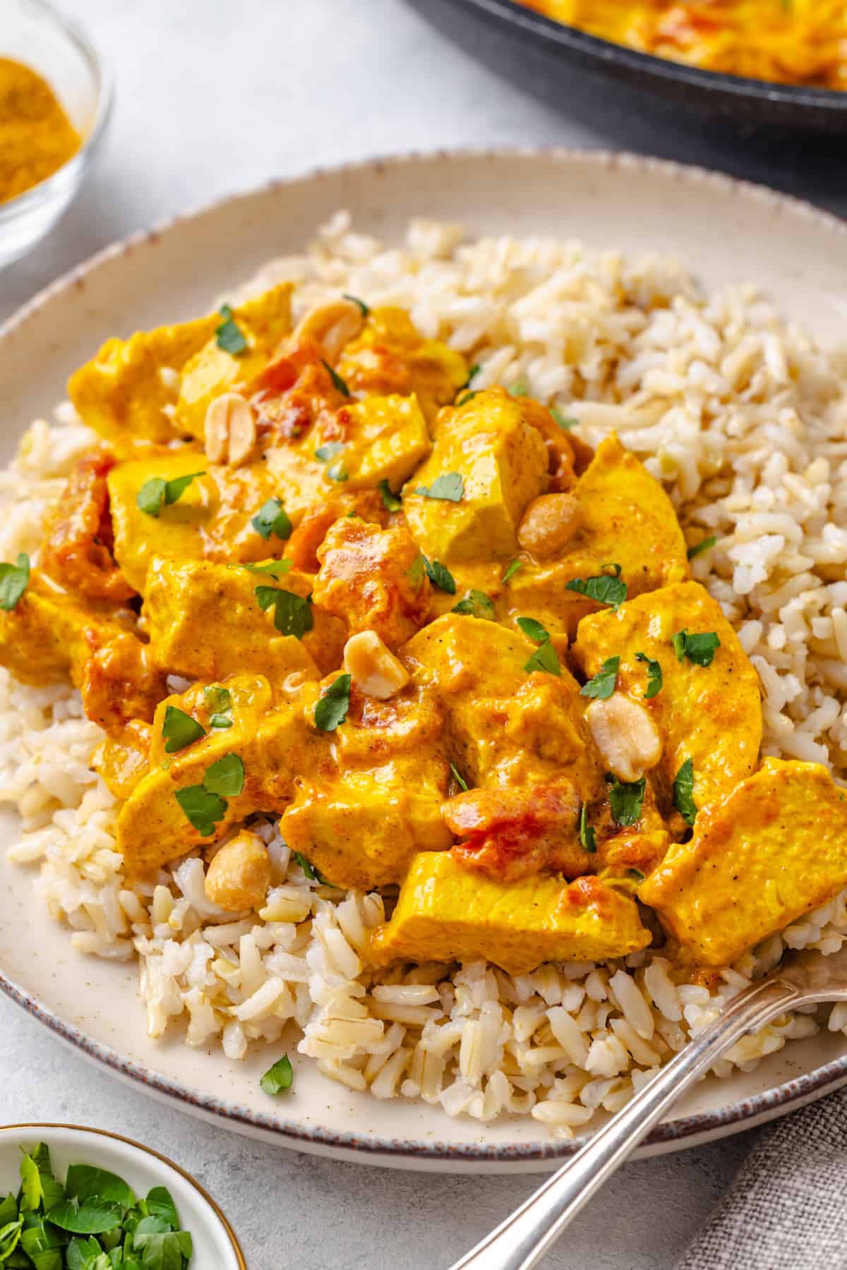 Chicken curry served over steamed rice on a plate with cilantro and peanuts sprinkled on top.