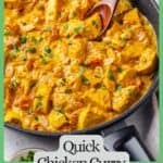 A wooden spoon resting in a skillet filled with a creamy tomato chicken curry topped with peanuts and cilantro and a green border and text around the photo.