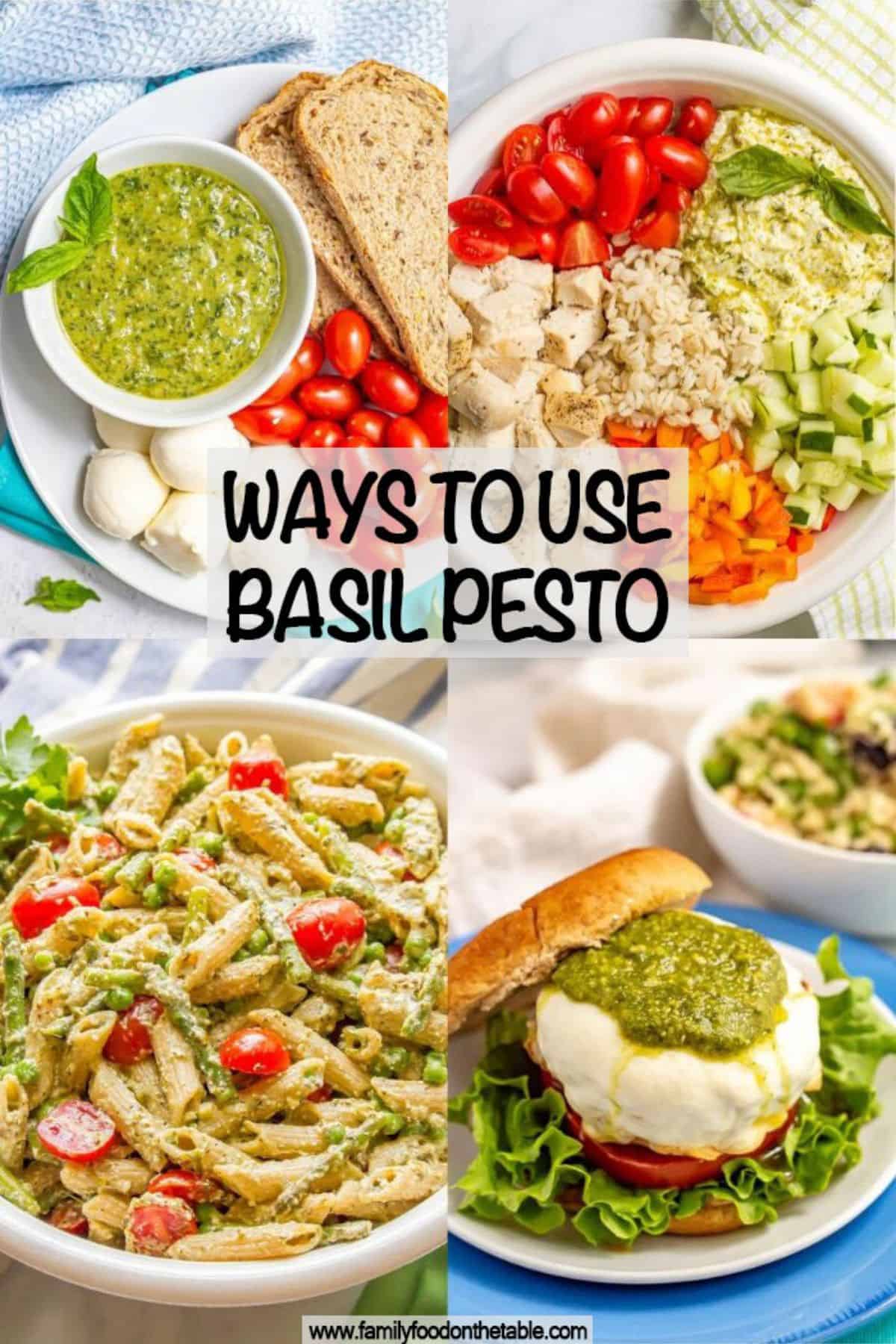 Pesto is such a versatile ingredient, dip and topping. Indulge your pesto love with these fun and creative ideas for using basil pesto, plus a list of recipes to try! A collage of four different recipes that use basil pesto with a text overlay on the image.
