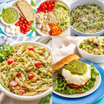 A square collage of four different recipes that use basil pesto as an ingredient or topping.